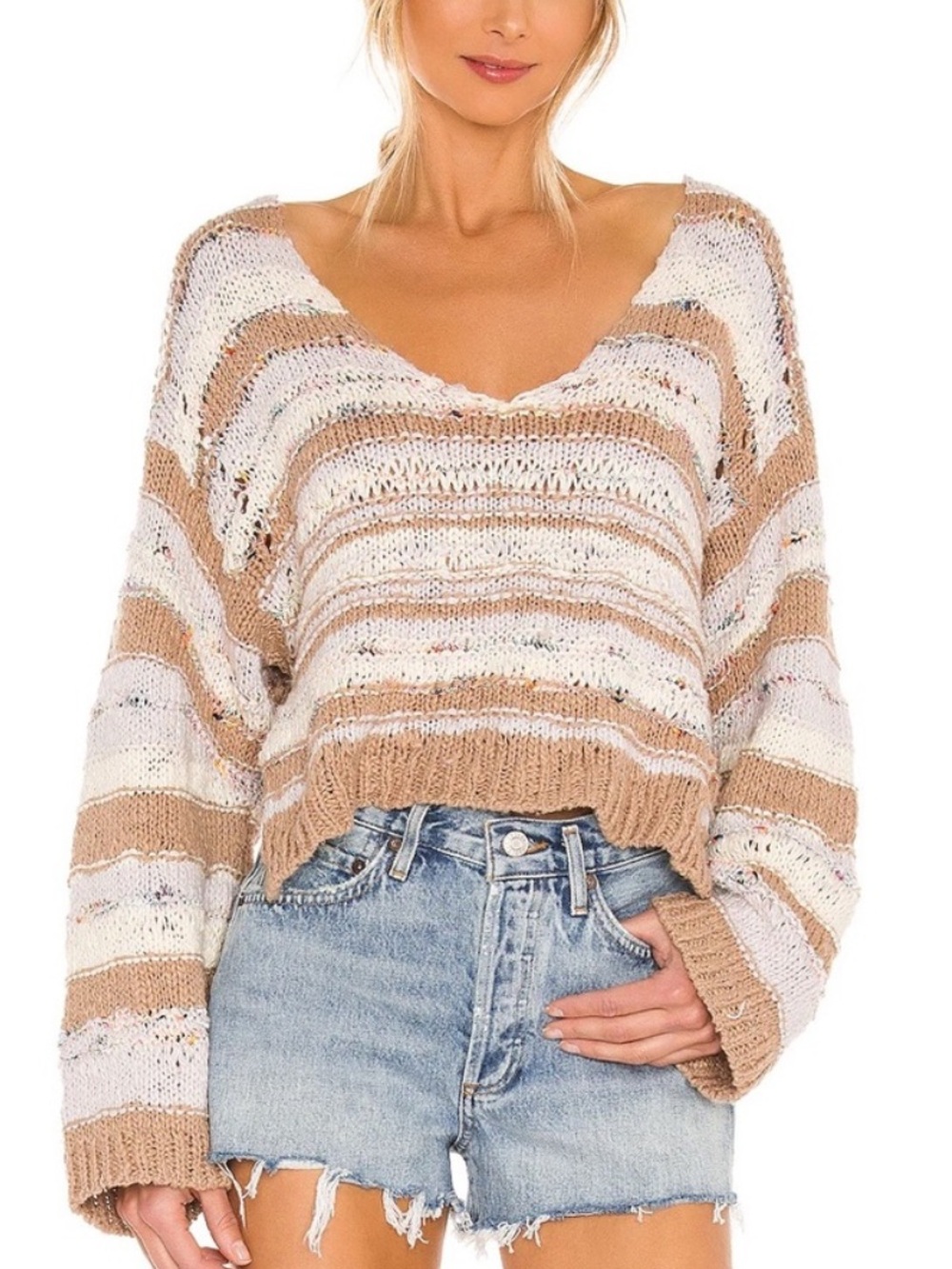 Free People Lake Life Striped Open Knit Cropped Sweater XS